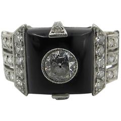 Art Deco Onyx Diamond Platinum Cluster Ring