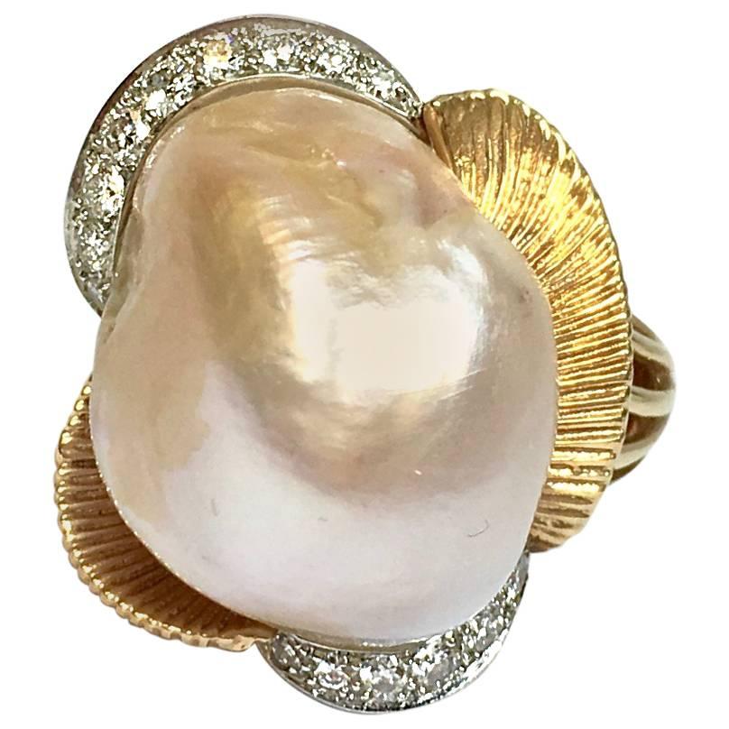 Ruser American Freshwater Pearl Diamond Gold Platinum Ring