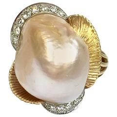 Ruser American Freshwater Pearl Diamond Gold Platinum Ring 