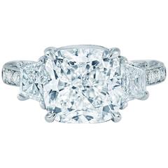 4.00 Carat GIA Cert Cushion Cut Trapezoid Pave Diamond Gold Engagement Ring