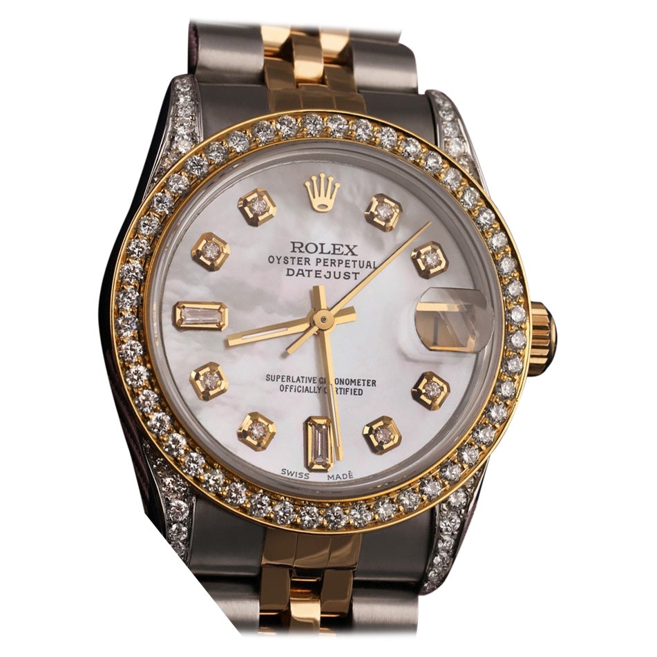 Rolex Frauen  Datejust 31mm Weiße MOP-Uhr mit zweifarbiger Diamant-Lünette und Gepäckstücken 68273 im Angebot