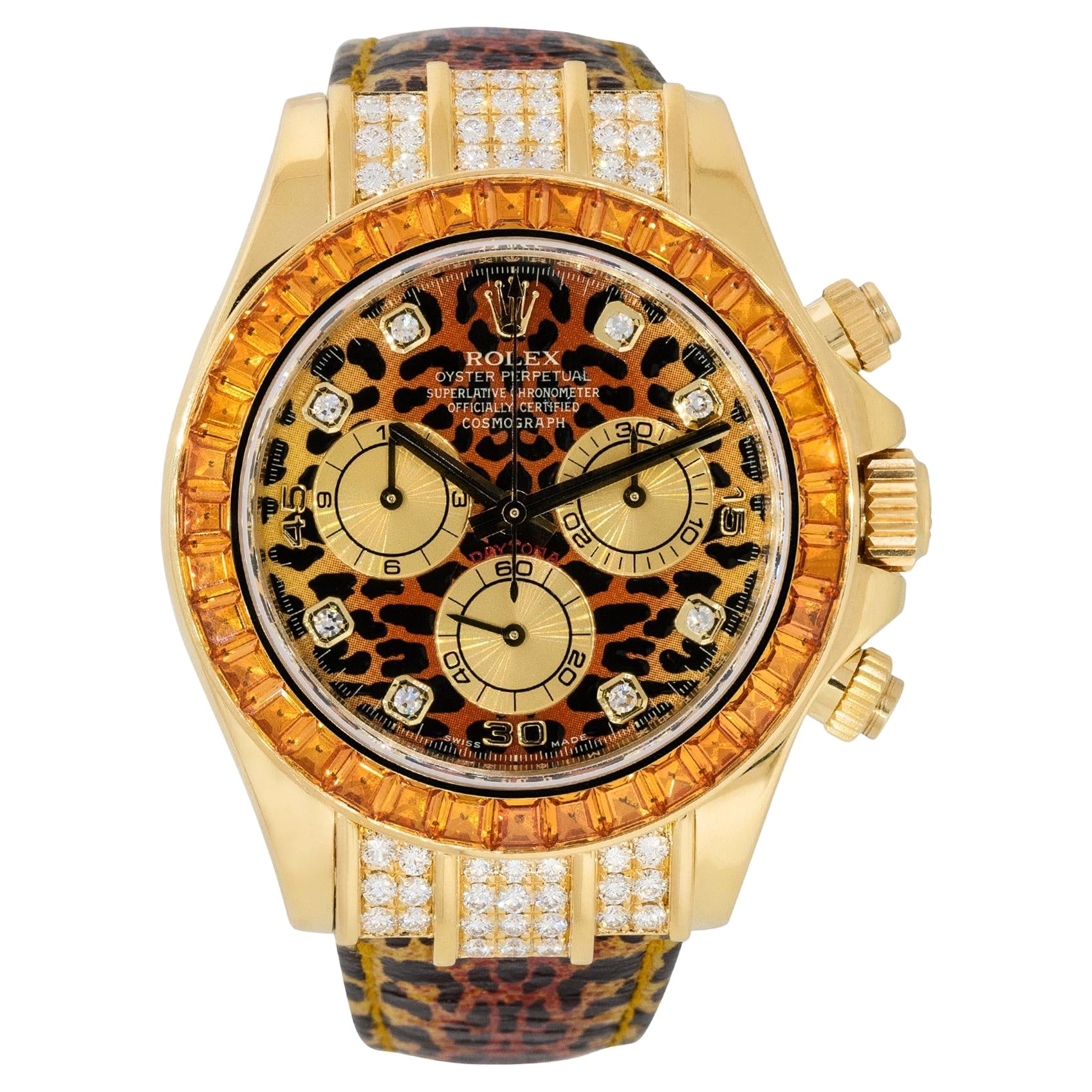 Rolex 116598 Daytona 18k Yellow Gold "Leopard" Sapphire & Diamond Watch For Sale