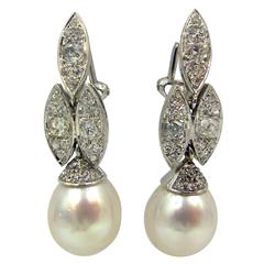 Pearl Diamond Gold Platinum Drop Earrings