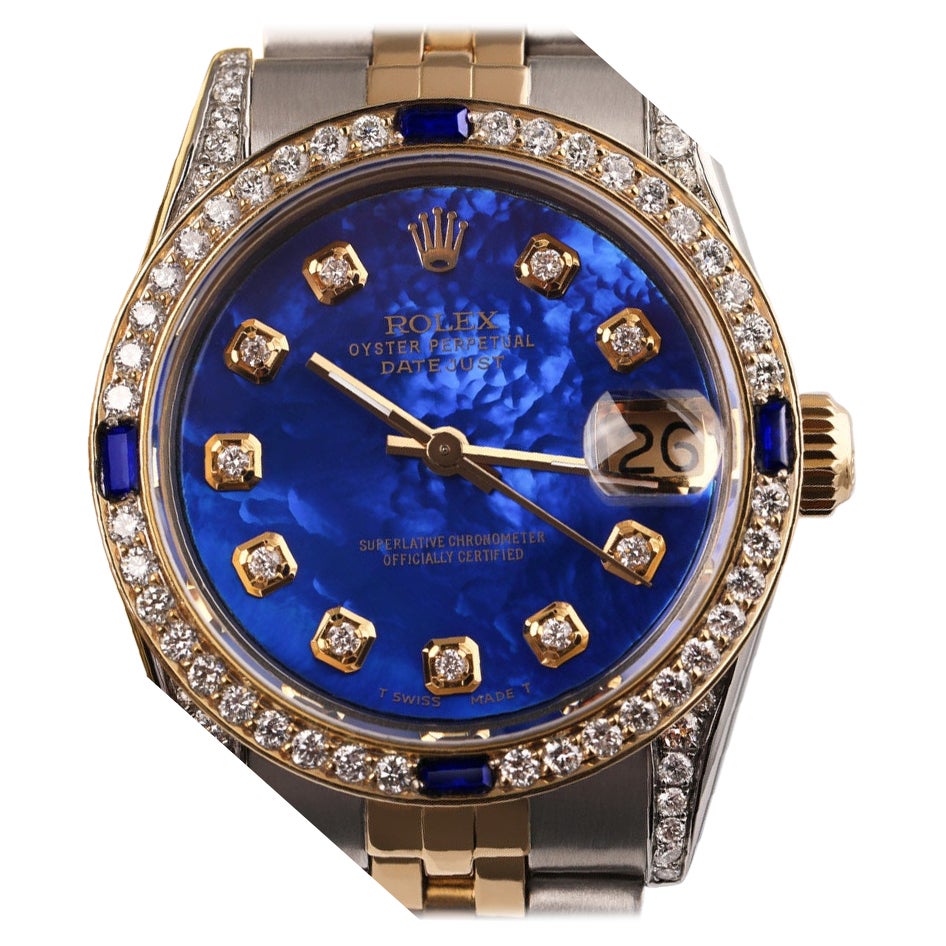 Rolex Datejust Two Tone Jubilee Blue Treated MOP Diamond Dial Watch 68273 For Sale