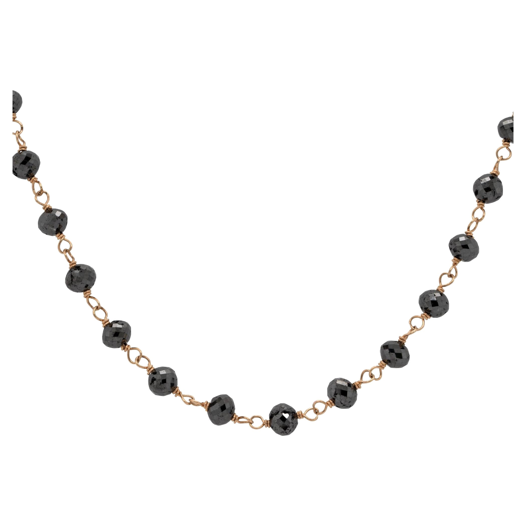 17 Carat Black Round Faceted Diamond Bead Necklace 14 Karat in Stock