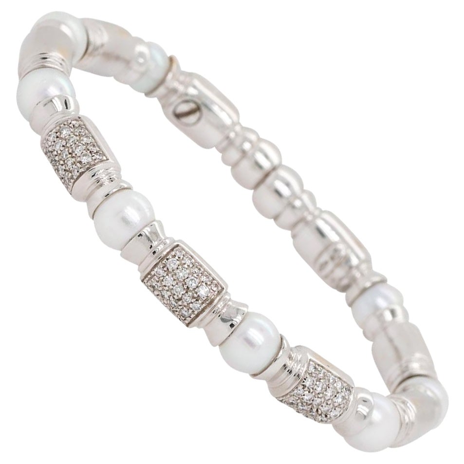 0.75 Carat Diamond & Pearl Open Cuff Bracelet 18 Karat in Stock