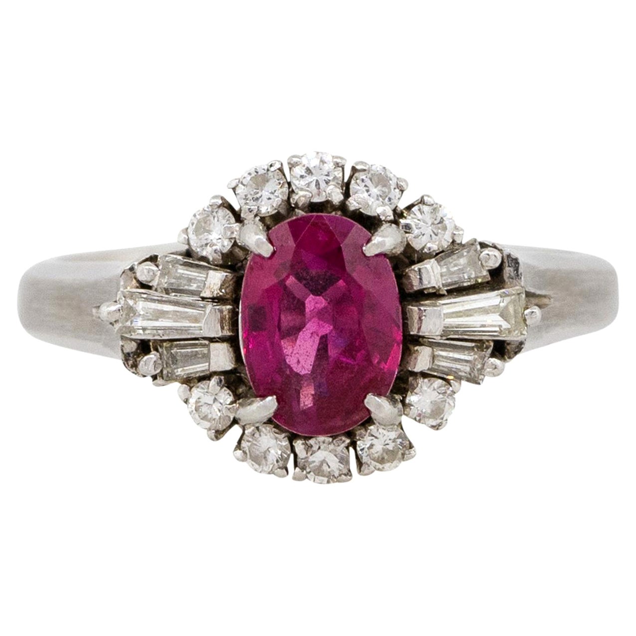 0.75 Carat Oval Cut Ruby Diamond Cocktail Ring Platinum in Stock For Sale