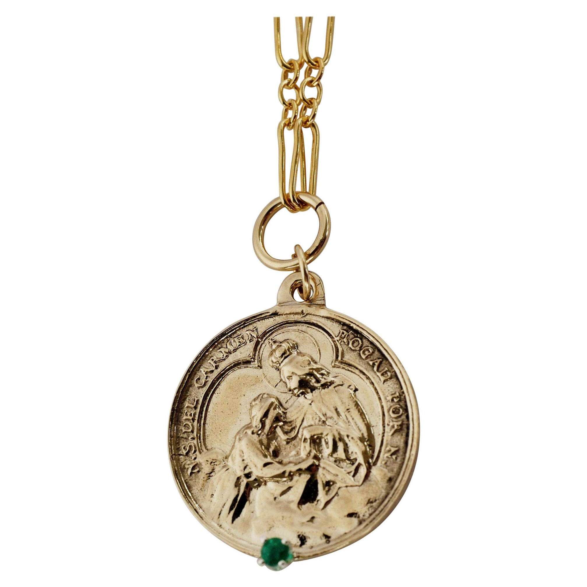Emerald Virgin Mother Mary Medal Chunky Chain Necklace Gold tone J Dauphin For Sale