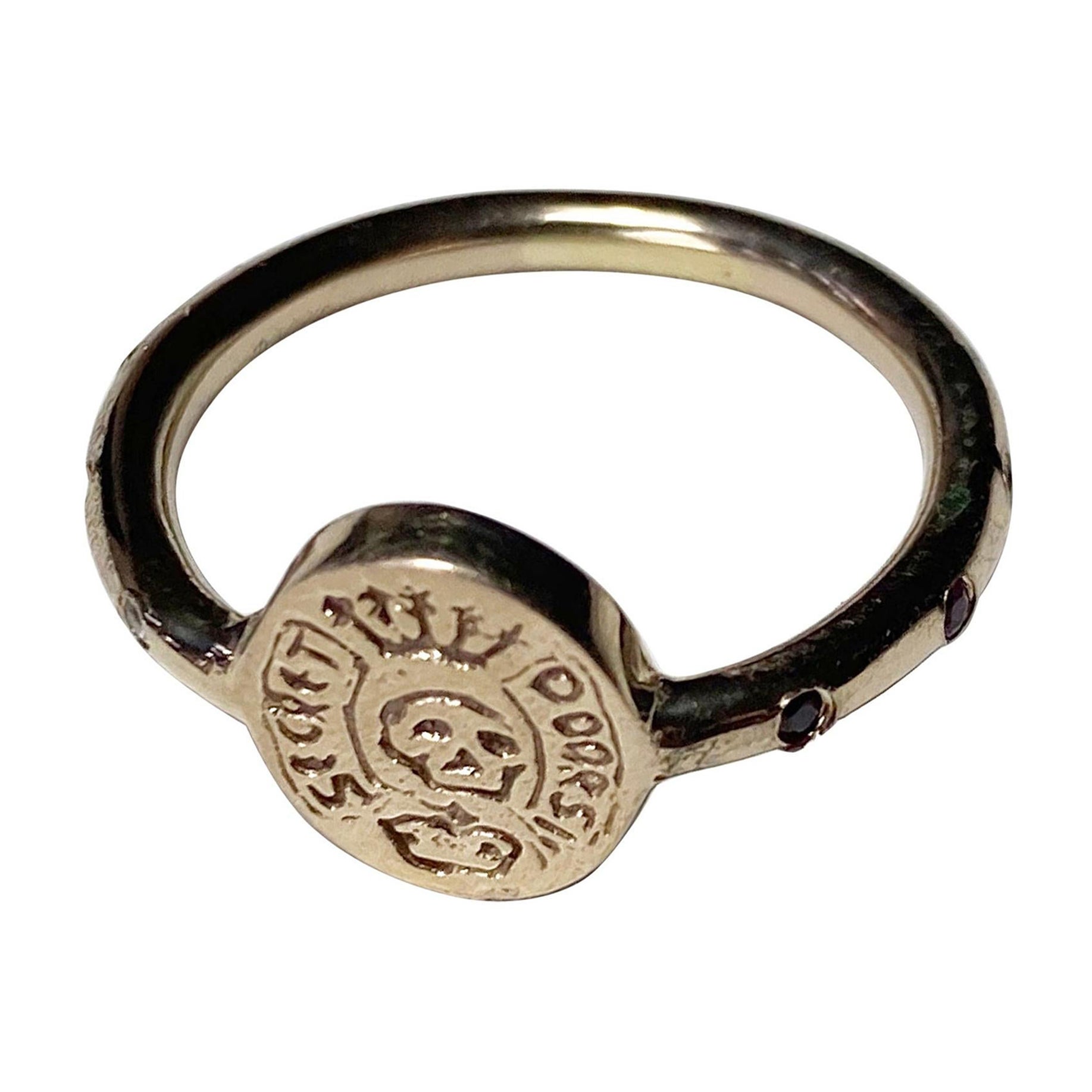 Crest Signet Skull Ring Gold Memento Mori Style Emerald Ruby