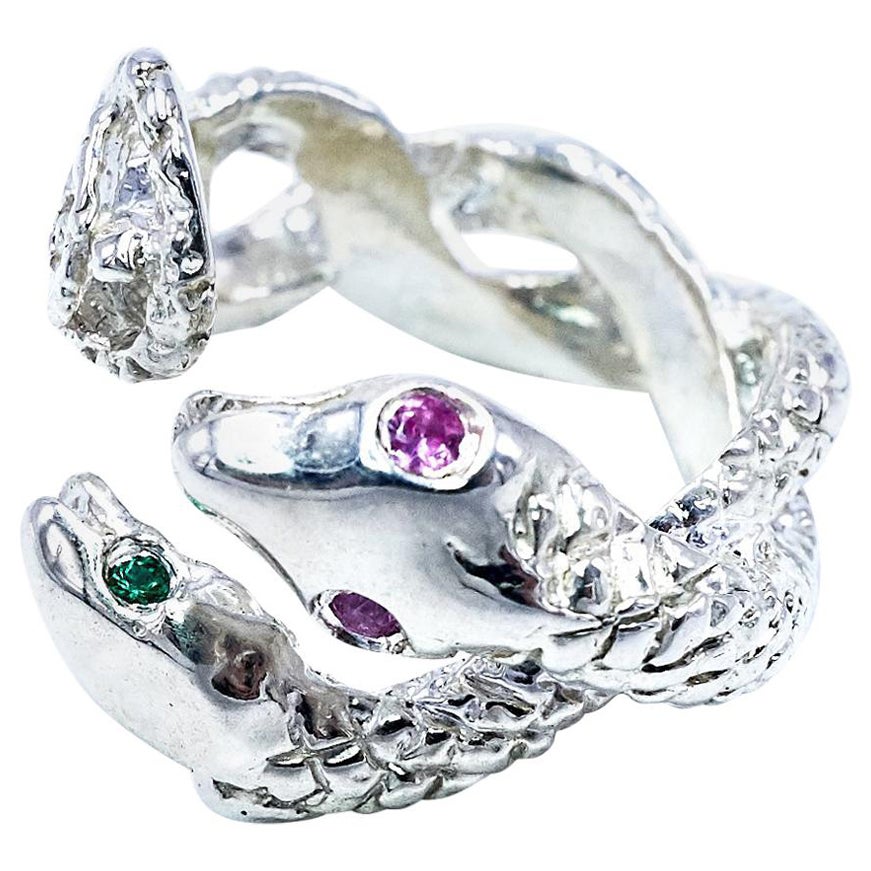 Emerald Pink Sapphire Snake Ring Sterling Silver Cocktail Ring J Dauphin For Sale
