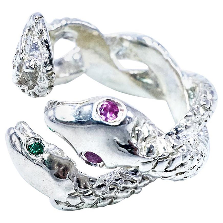 Anillo de serpiente de zafiro rosa esmeralda Anillo de cóctel de plata de ley J DAUPHIN