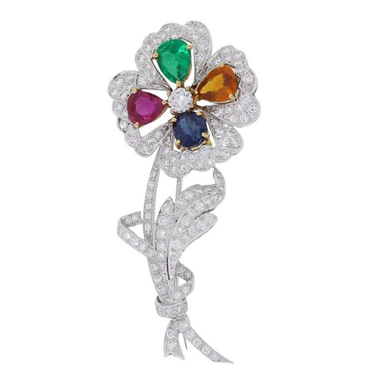 Diamond and Multi Gemstone Flower Brooch Pin For Sale