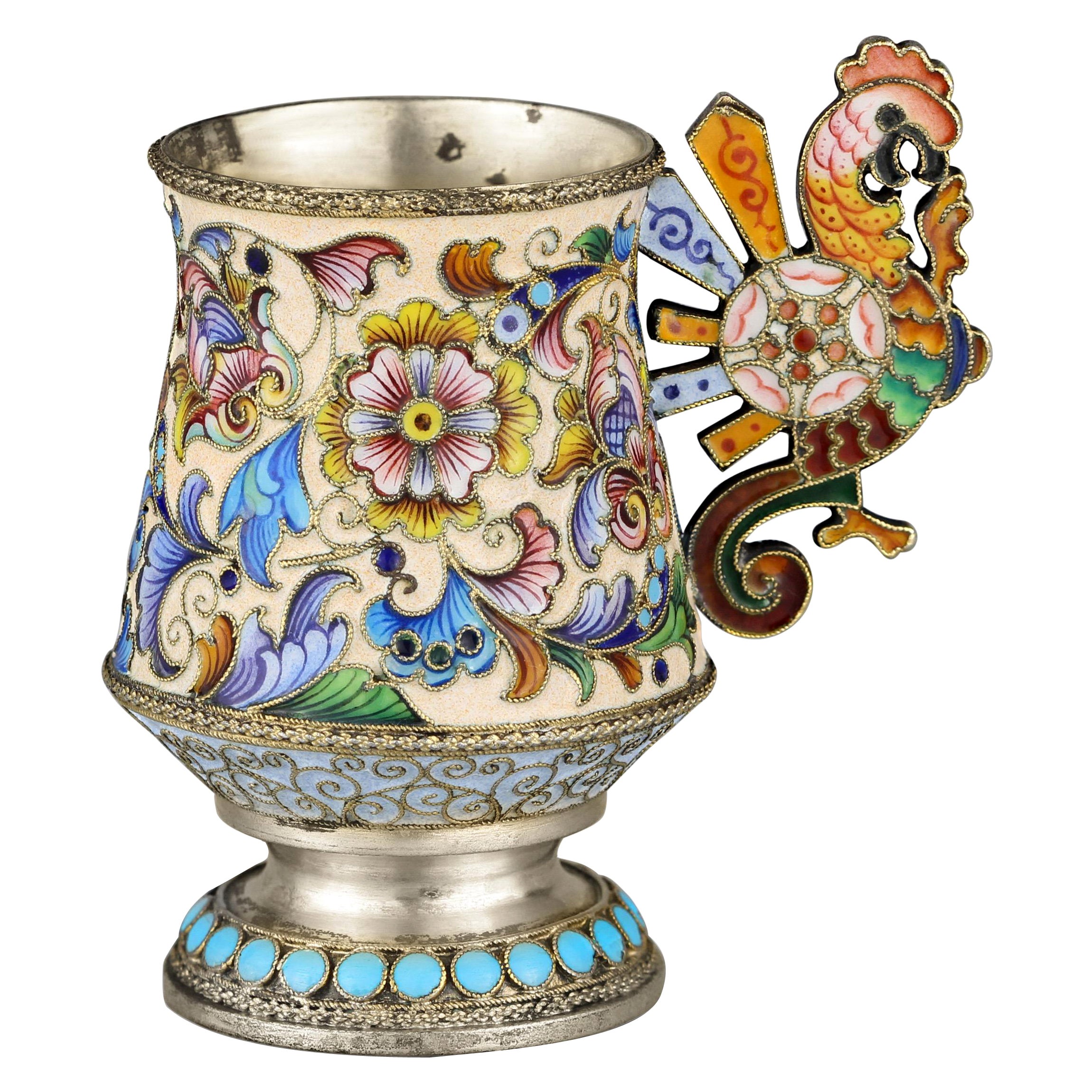 Faberge Feodor Ruckert Silver Enamel Rooster Charka Cup For Sale