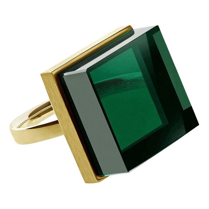 Yellow Gold Plated Art Deco Style Ring with Green Quartz Featured in Vogue For Sale