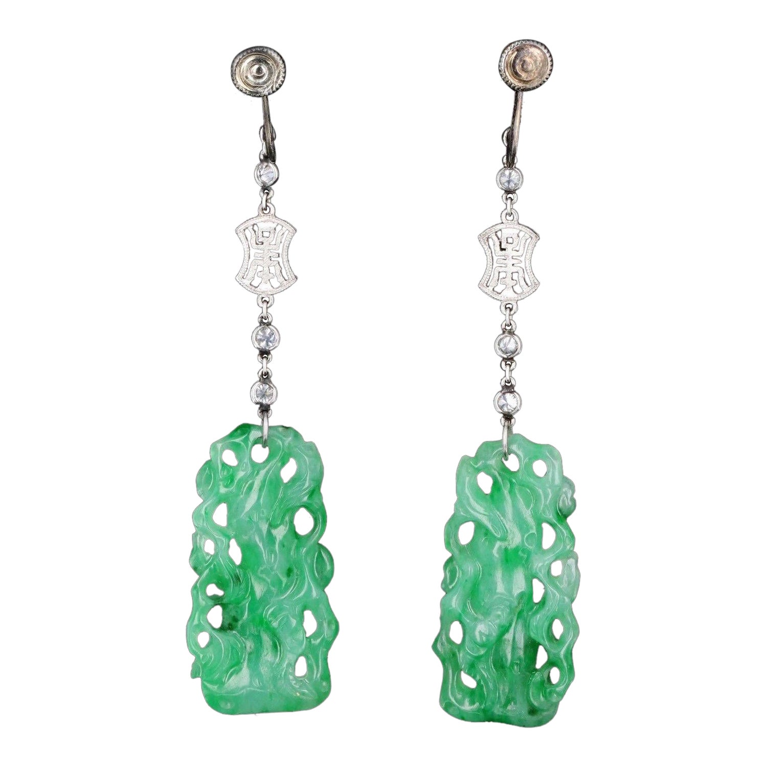 Platinum Marsh & Co. Art Deco Jade & Diamond Earrings For Sale
