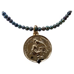 Sapphire Black Pearl Virgin Mother Mary Medal Chain Necklace J Dauphin
