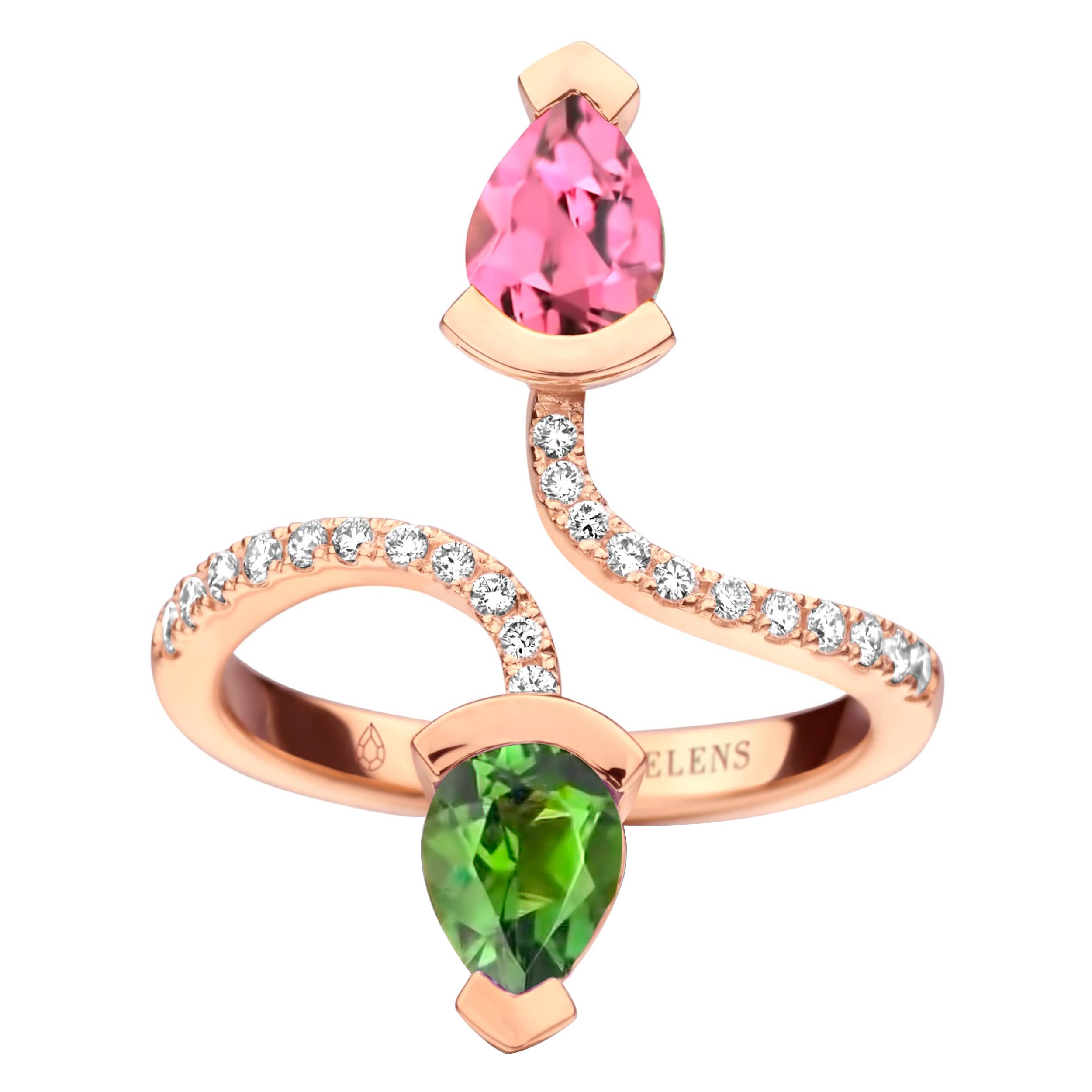 Pink Tourmaline And Green Tourmaline 18 Karat Rose Gold Diamond Cocktail Ring For Sale