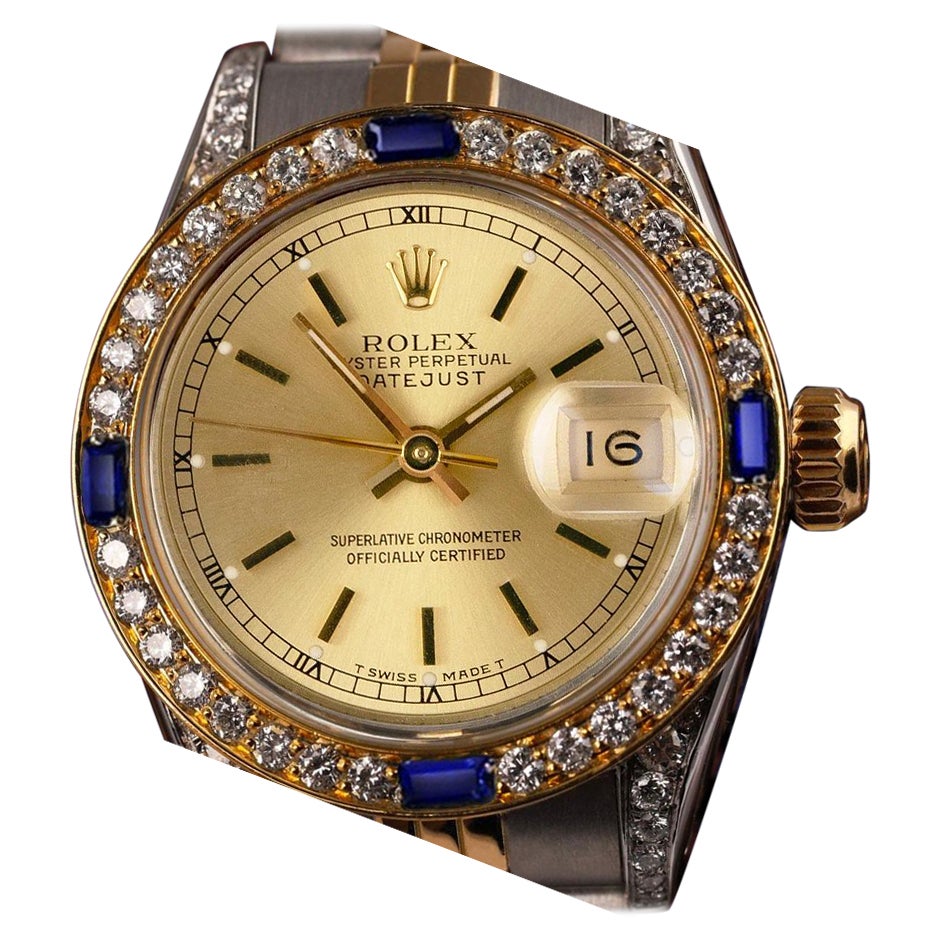 Rolex Montre Datejust champagne à cadran bicolore avec saphirs et diamants 69173 en vente