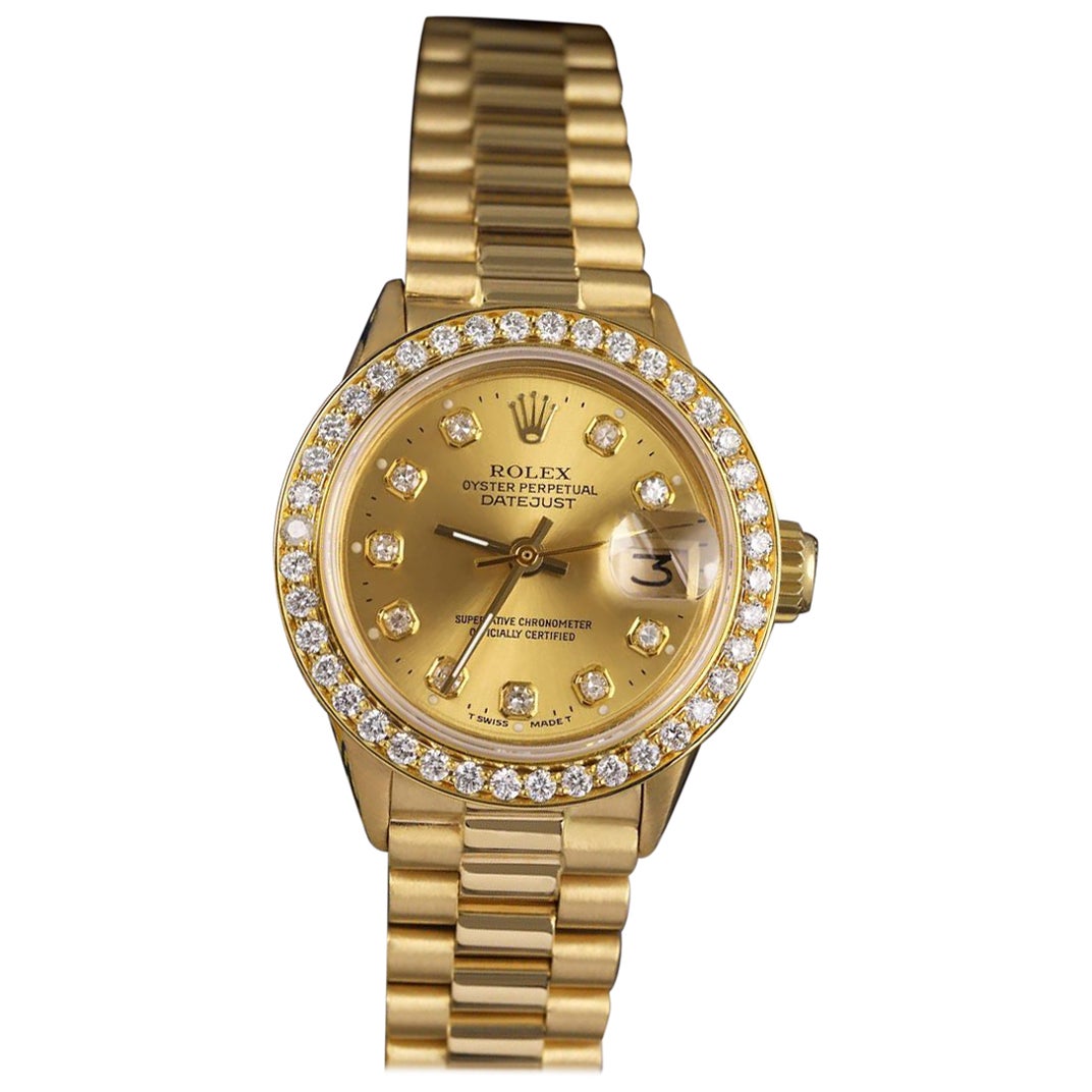 Rolex 26mm Datejust 18kt Gold Champagne Gold Diamond Dial Diamond Bezel 6917 For Sale