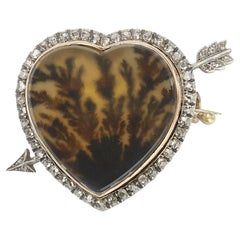Vintage Fabergé Dendritic Agate Diamond Gold and Silver Heart Brooch, Circa 1915
