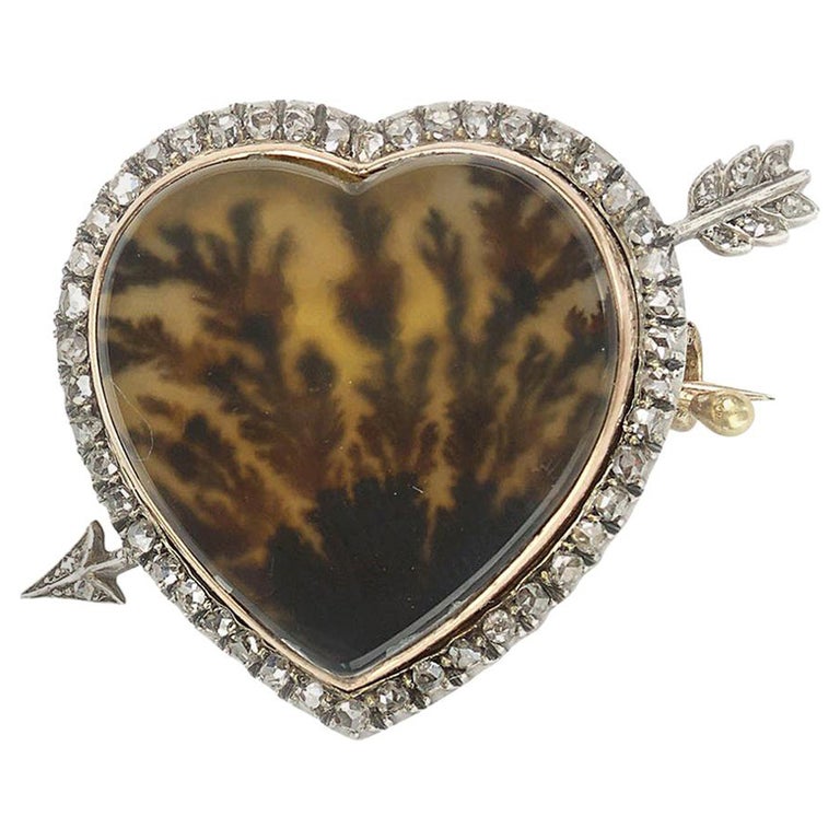 Antique Fabergé Dendritic Agate Diamond Gold and Silver Heart Brooch, Circa 1915 For Sale