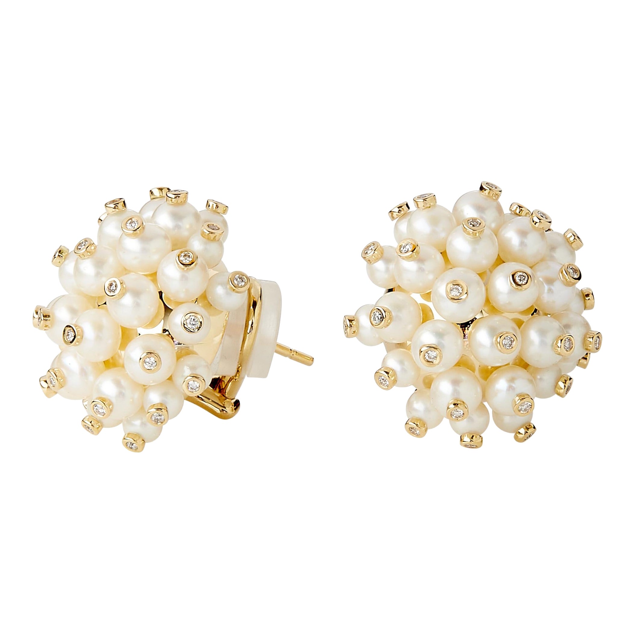 Syna Yellow Gold Cluster Earrings with Pearls and Diamonds