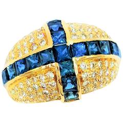 2 Carats Deep Blue Natural Sapphires 1 Carat Diamonds Gold Ring