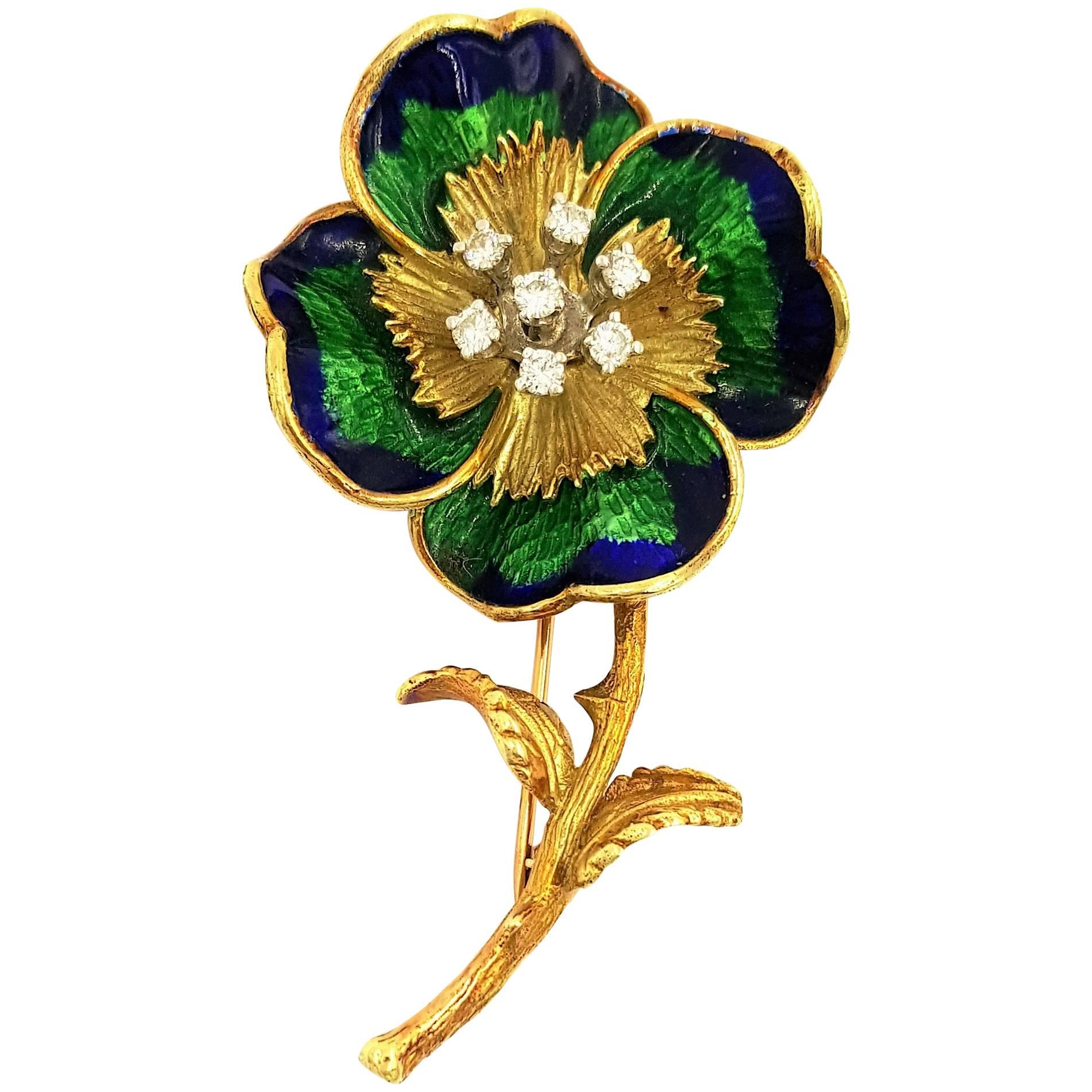 Circa 1980's Perfect Royal Blue & Vivid Green Enamel Diamond Gold Flower Brooch For Sale
