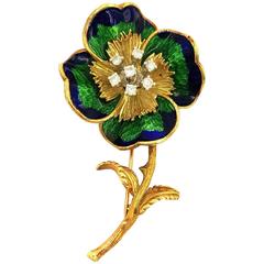 Vintage Circa 1980's Perfect Royal Blue & Vivid Green Enamel Diamond Gold Flower Brooch