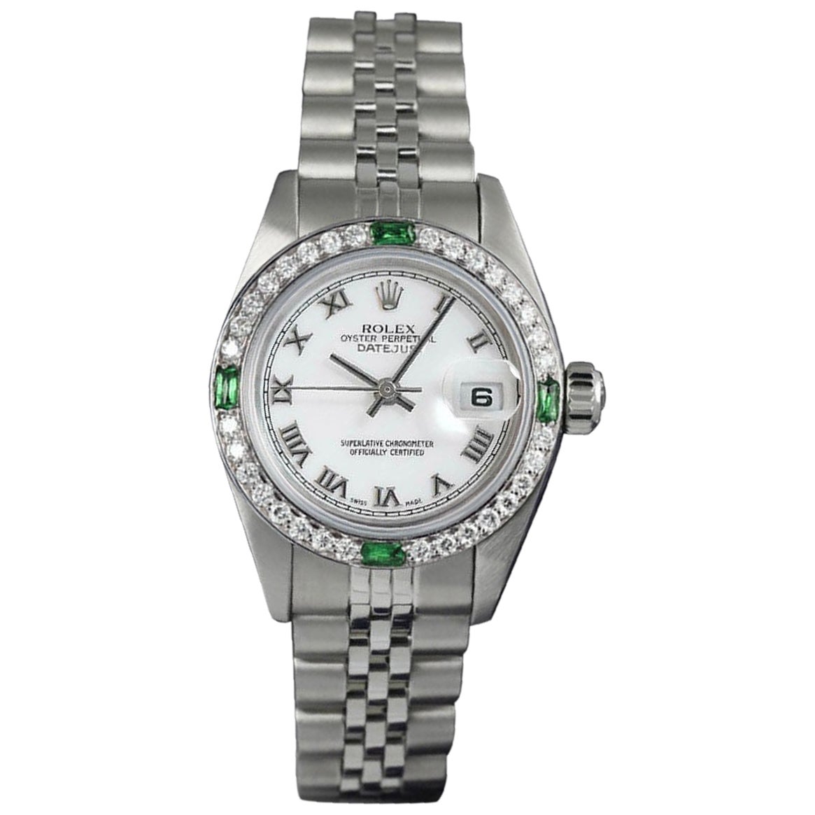 Rolex 26mm Datejust S/S White Roman Dial with Emerald & Diamond Bezel Watch