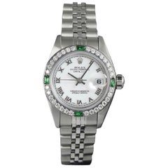 Vintage Rolex 26mm Datejust S/S White Roman Dial with Emerald & Diamond Bezel Watch
