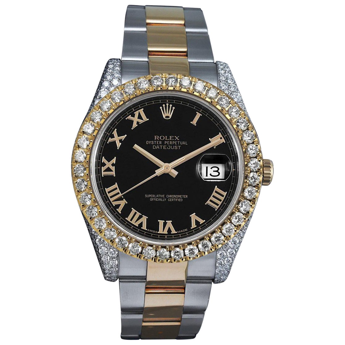 Rolex Datejust SS & 18k YG Watch Factory Black Roman Dial Custom Diamond Bezel For Sale