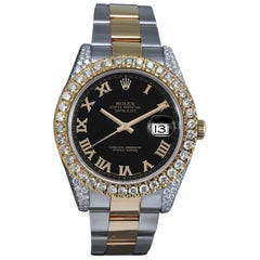 Rolex Datejust SS & 18k YG Watch Factory Black Roman Dial Custom Diamond Bezel