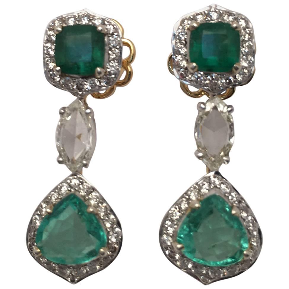 Emerald Diamond Silver Gold Drop Earrings For Sale