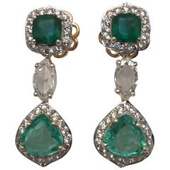 Emerald Diamond Silver Gold Drop Earrings