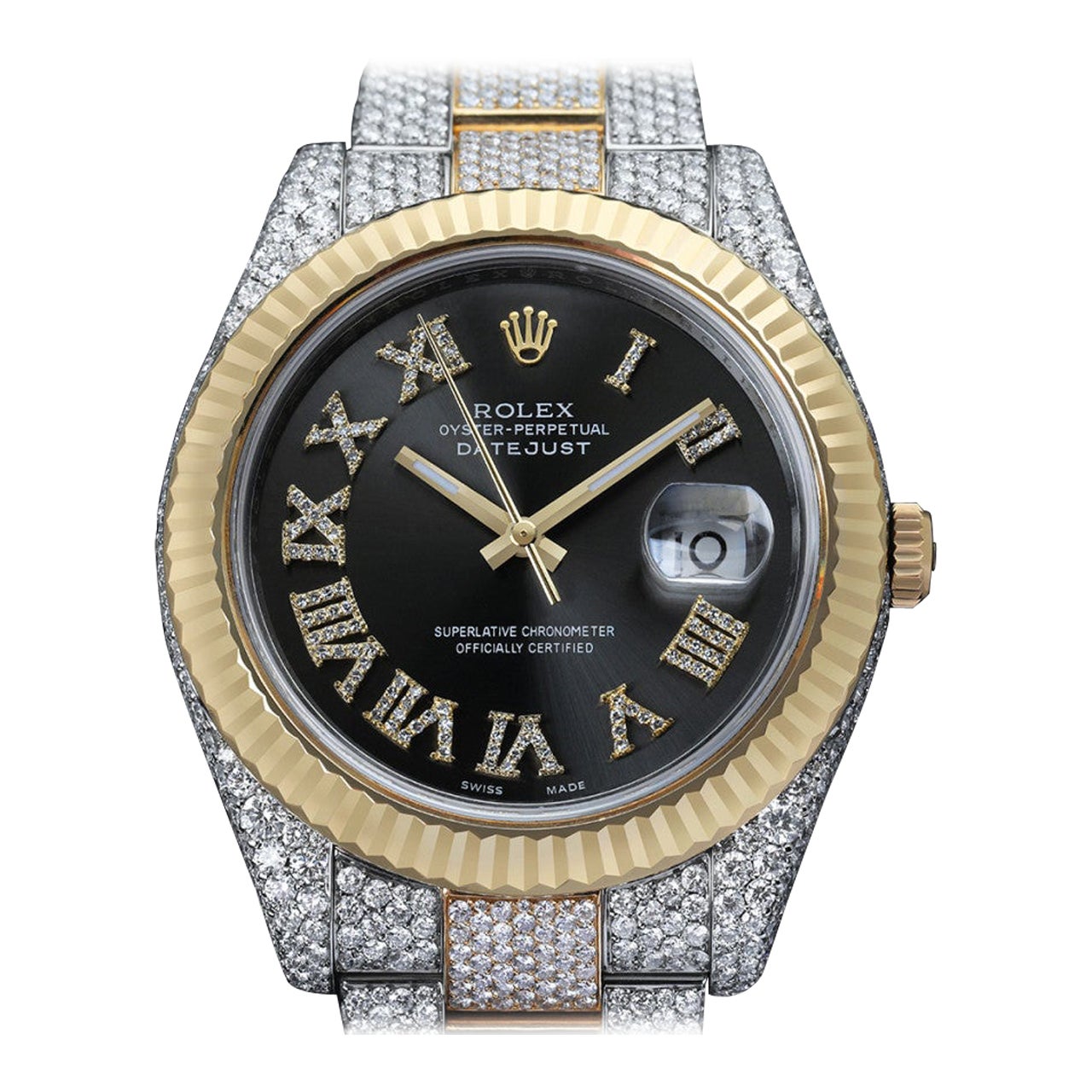 Rolex Datejust 41 Two Tone Yellow Custom Diamond Watch Dark Grey Dial Watch For Sale