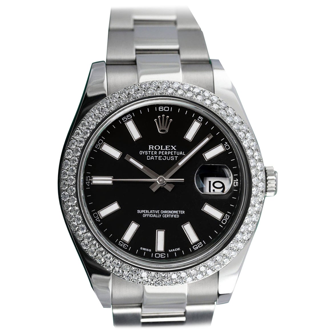 Rolex Datejust Black Index Dial Stainless Steel Diamond Bezel Men's Watch