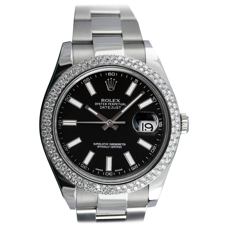 Rolex Datejust Black Index Dial Stainless Steel Diamond Bezel Men's