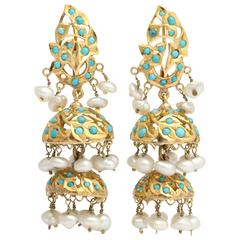 Turquoise  Pearls Gold  Tier Chandelier Earrings