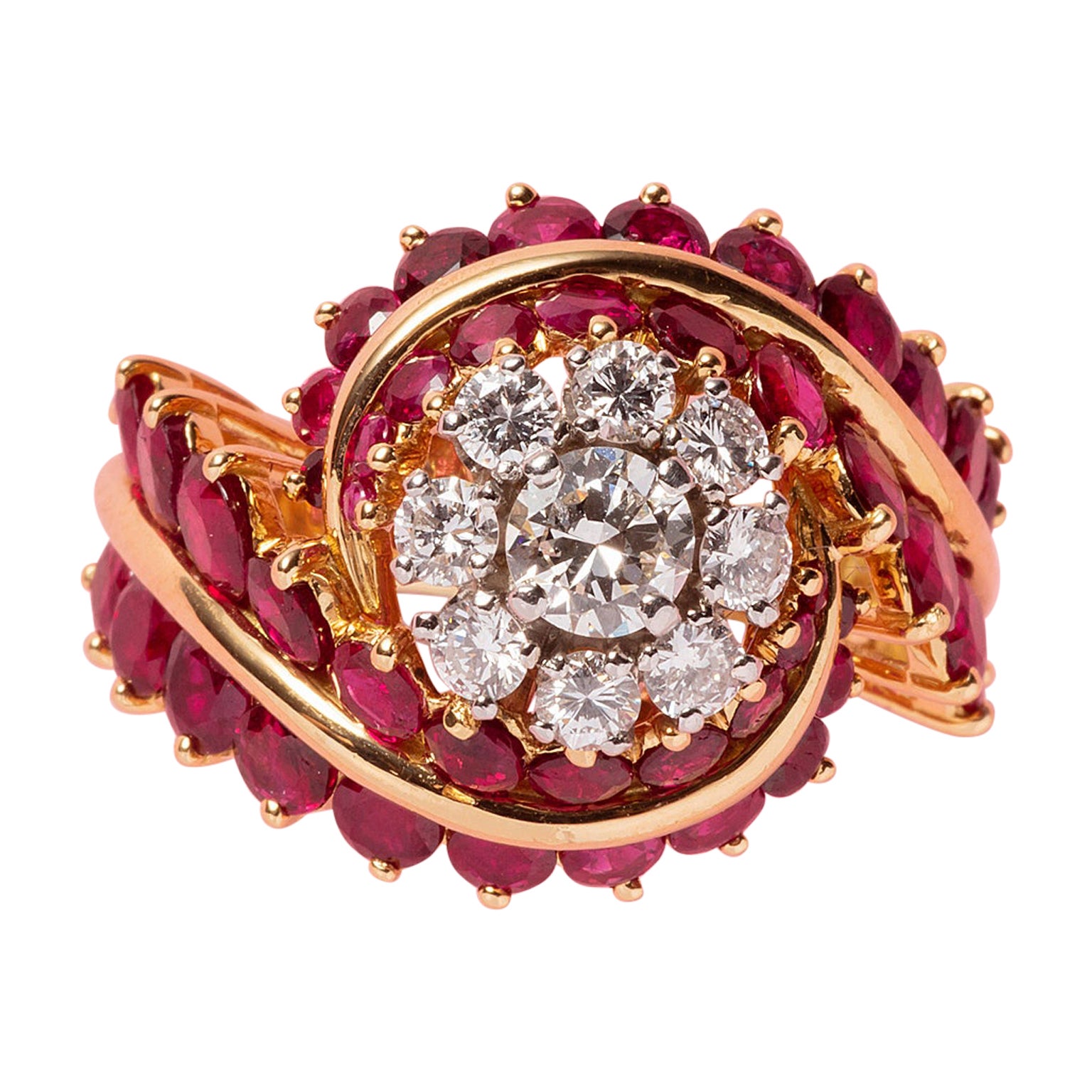 Französischer Cocktail-Ring aus 18 Karat Gold mit Rubin und Diamant  im Angebot