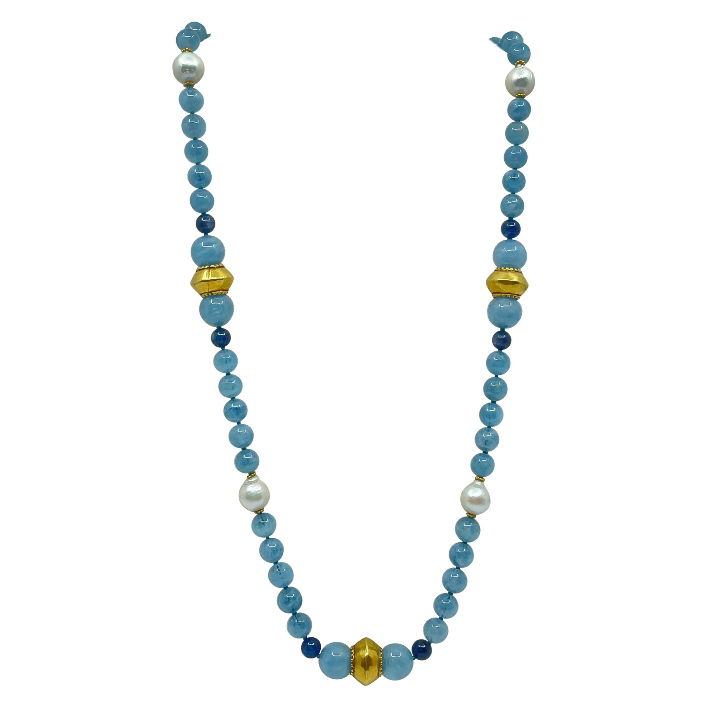 Necklace with Aquamarine, Kyanite, South Sea Pearls, Gold & 18K Gold For Sale