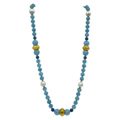 Necklace with Aquamarine, Kyanite, South Sea Pearls, Gold & 18K Gold