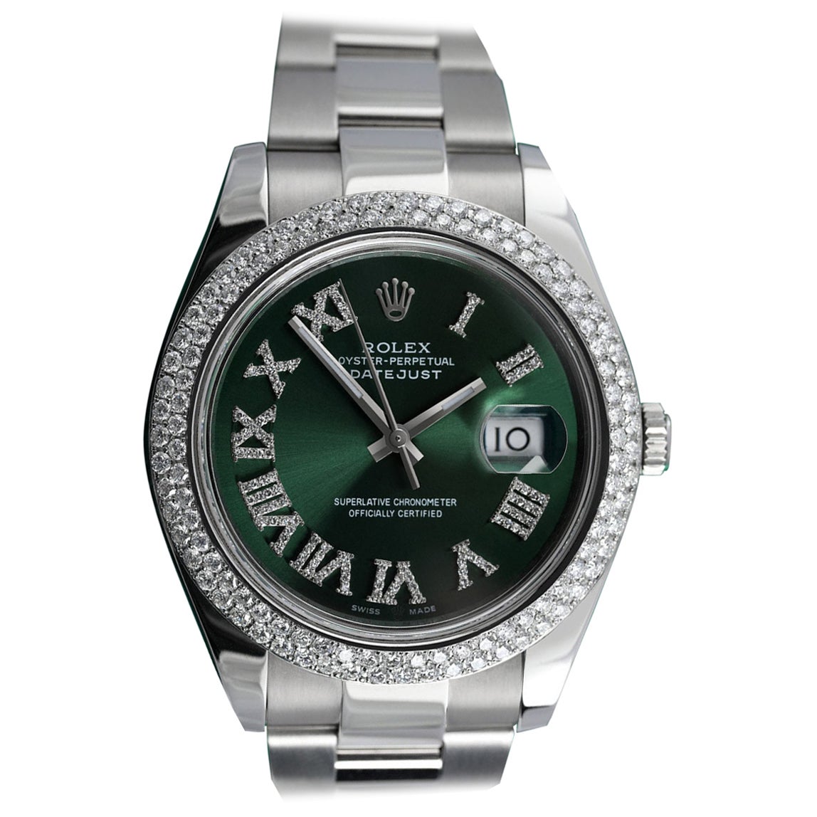 Rolex Datejust Green Roman Numeral Diamond Dial SS Watch Diamond Bezel Watch  For Sale