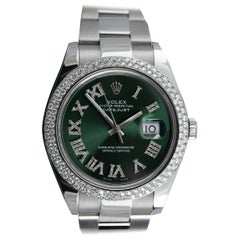 Rolex Montre Datejust à cadran chiffre romain vert avec lunette en diamants, SS 