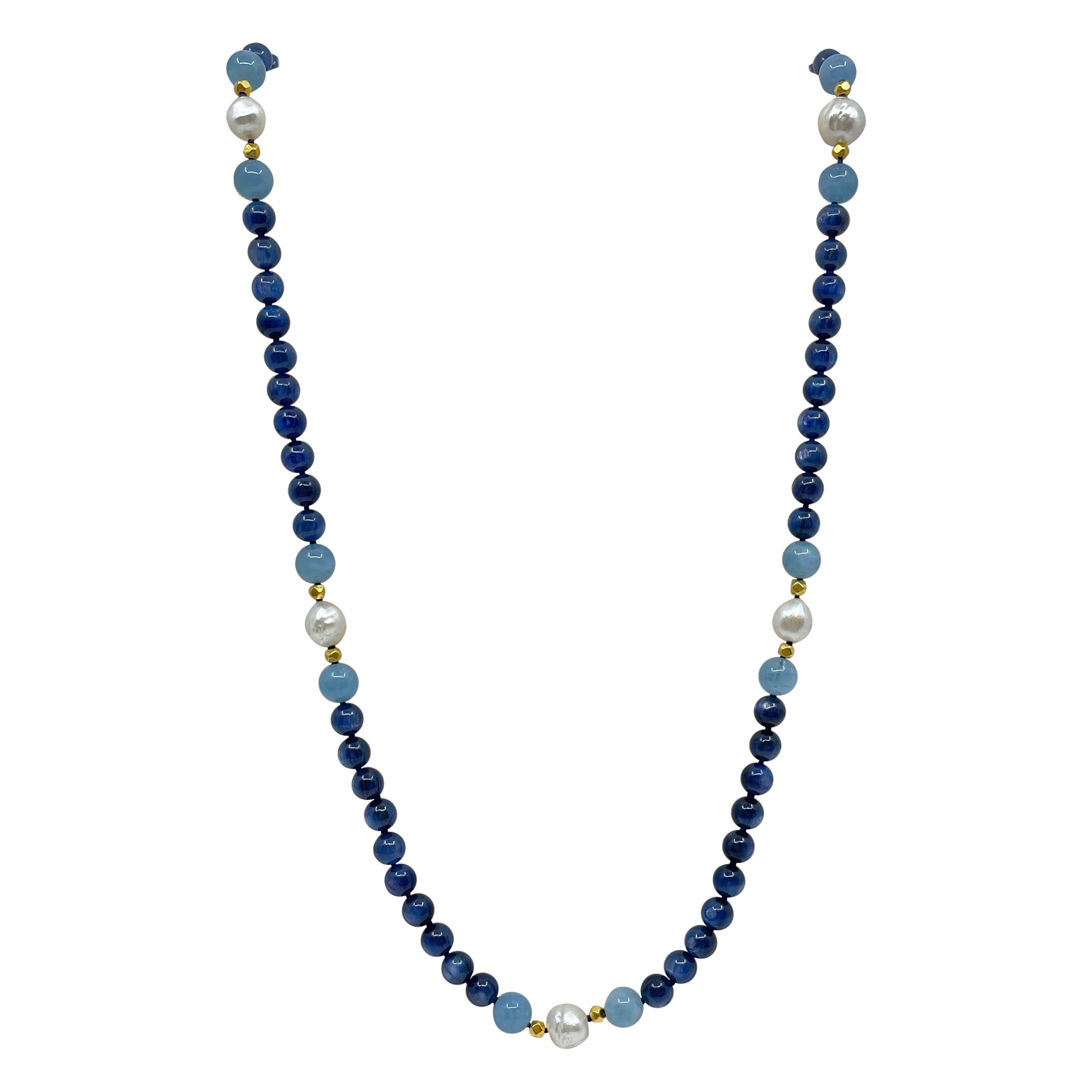 Long Necklace with Kyanite, Aquamarine, South Sea Pearls & 18K Solid Gold Beads For Sale