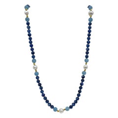 Long Necklace with Kyanite, Aquamarine, South Sea Pearls & 18K Solid Gold Beads