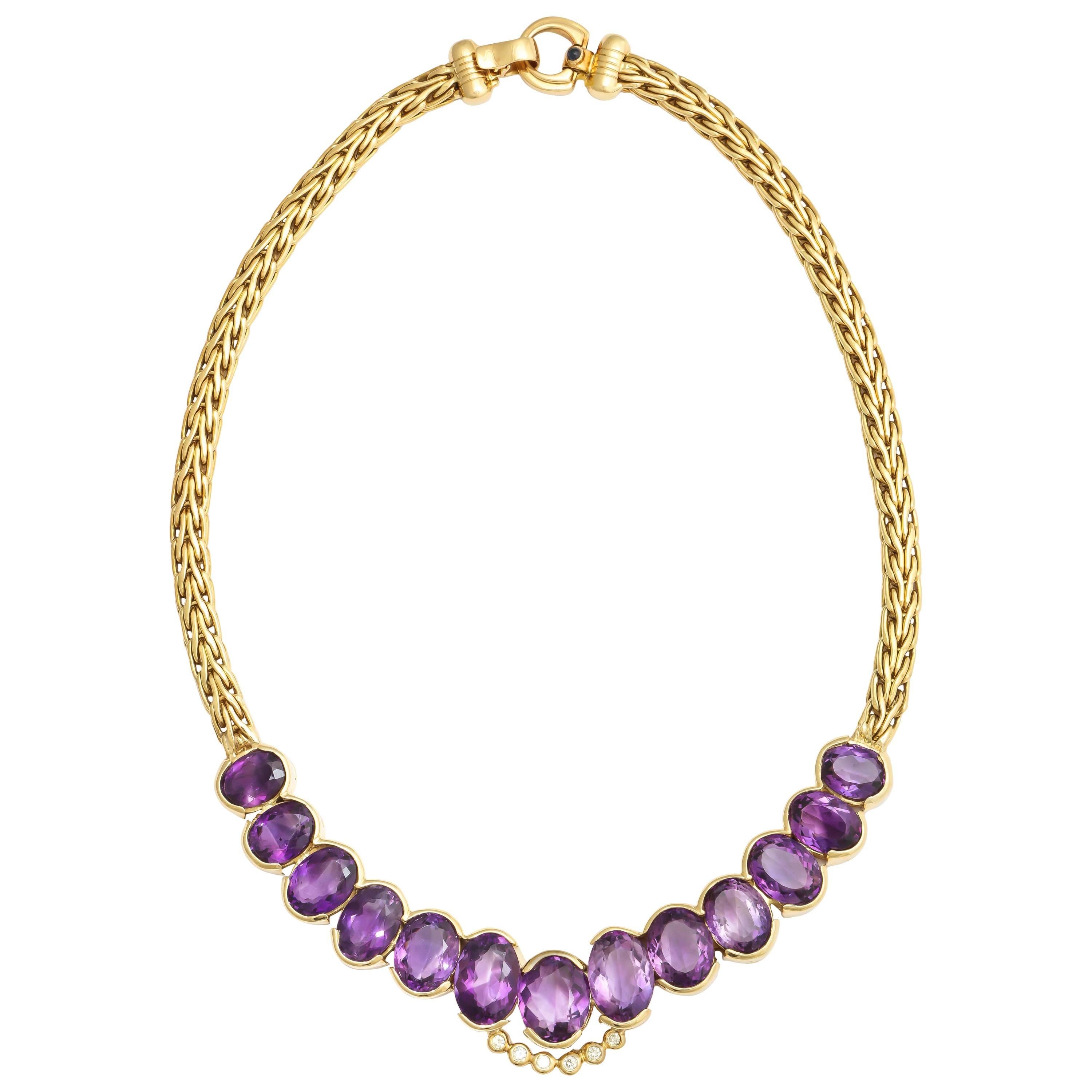 Roberto coin 1980s Amethyst Diamond Gold Collar Necklace With Sapphire Clasp For Sale