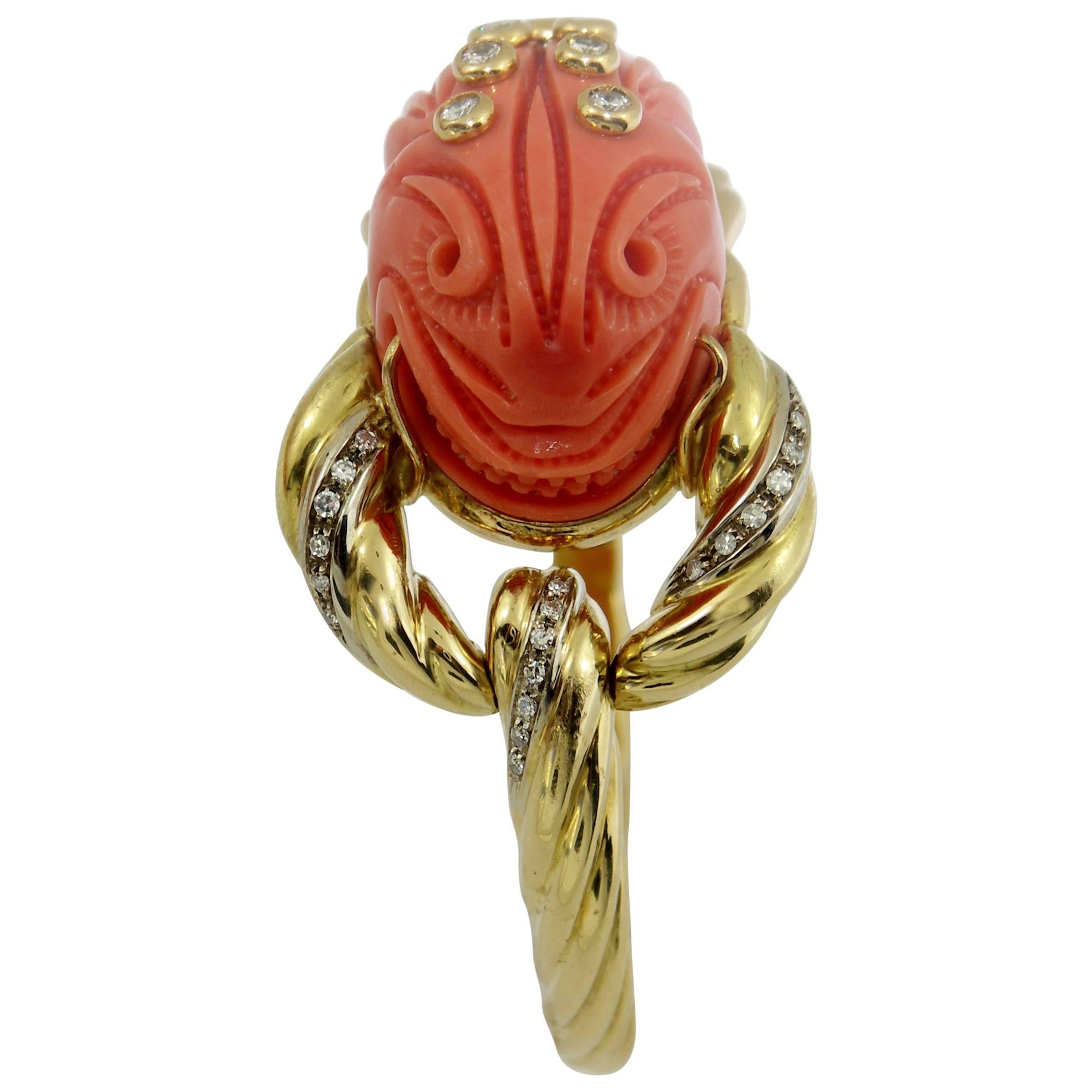 Mario Fontana Carved Coral Diamond Gold Dragon Bracelet