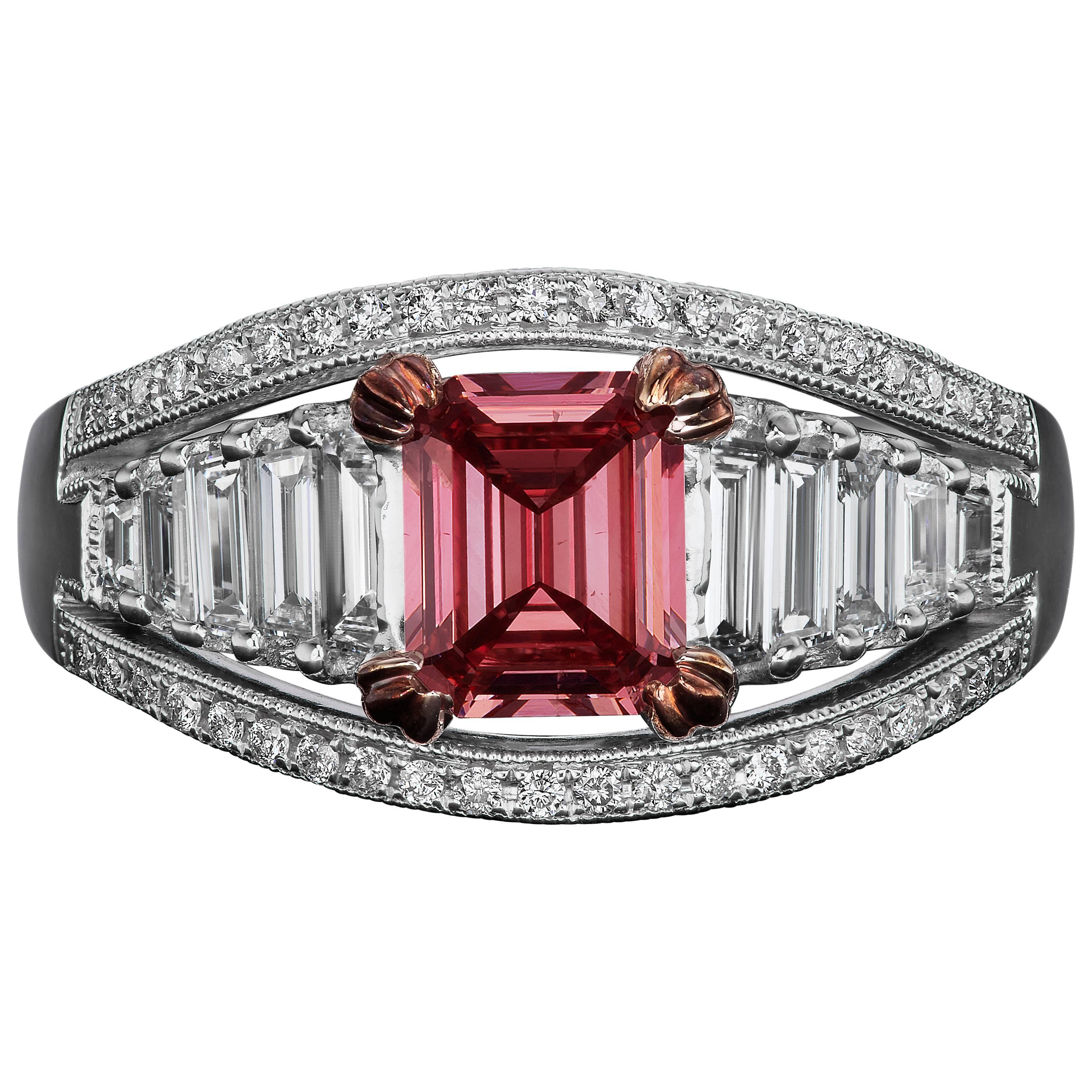 David Rosenberg 1.10 Carat Emerald Cut GIA Fancy Deep Pink Diamond Ring