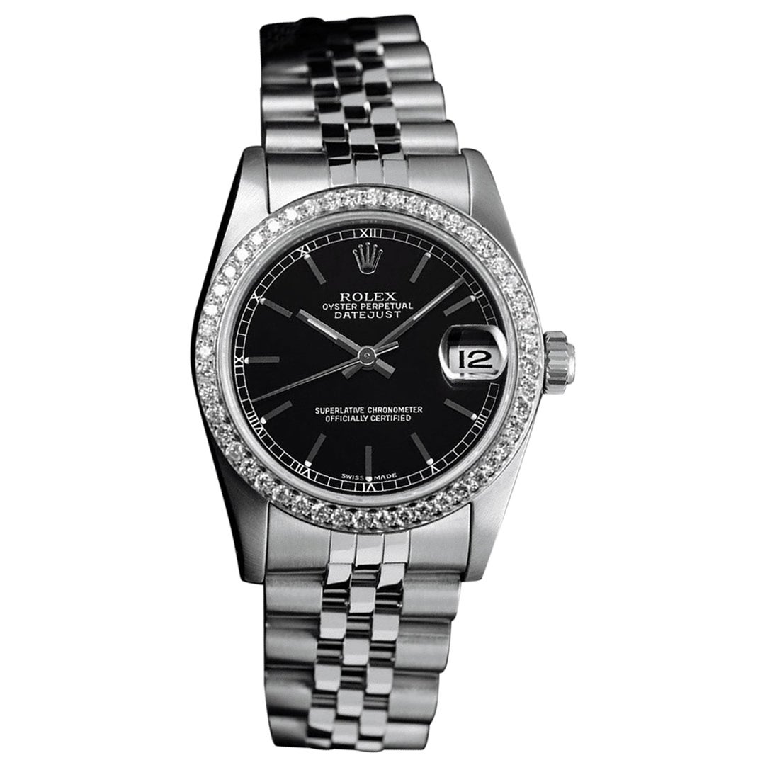 Rolex Datejust 68274 Diamond Bezel Black Color Dial Stainless Steel Watch  For Sale